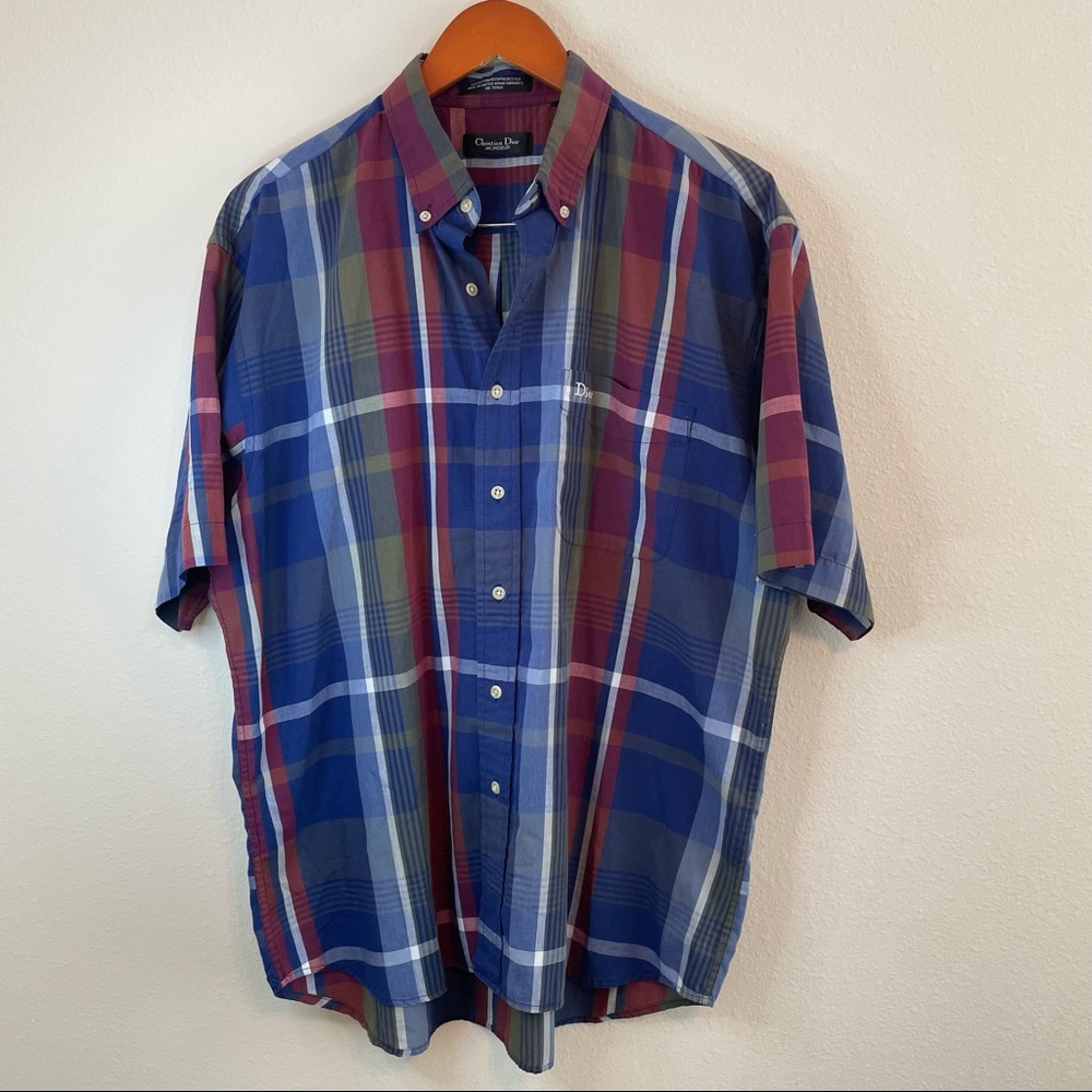 Dior Mens Short Sleeve Button-Down Shirt in Blue and Red Plaid